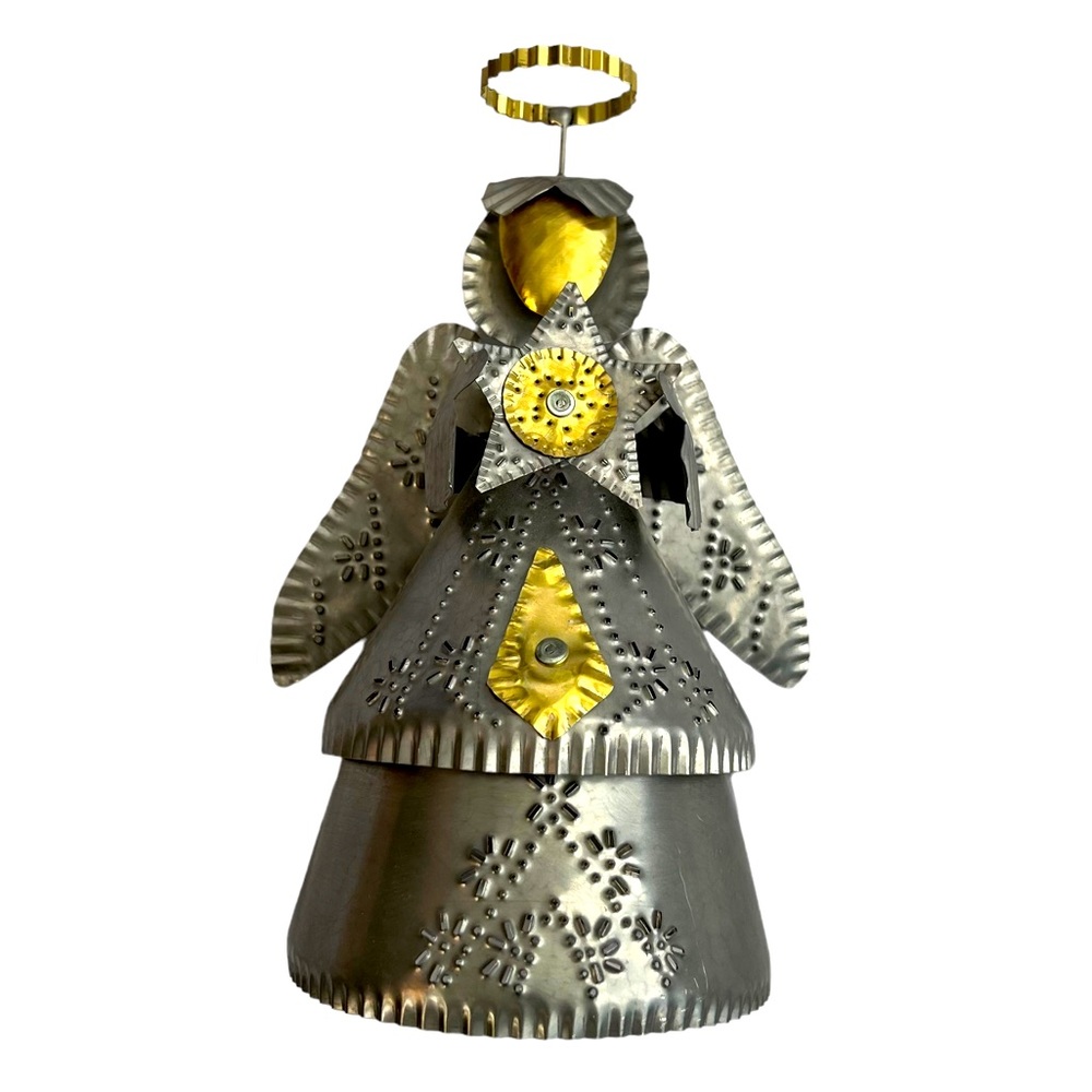 Punched Tin 2-Tone Metal Angel Topper Figurine With Star Accent 9in Tall, Signed